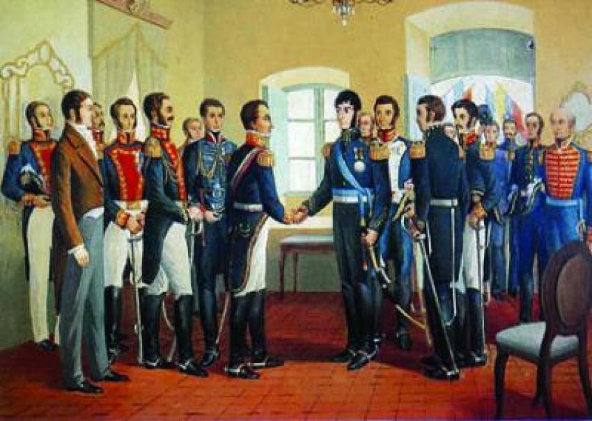 Handshake between Simon Bolivar and José de San Martin.jpg